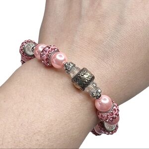 New Pink Rhinestone Beaded Baseball Softball Charm Faux Pearl Bracelet